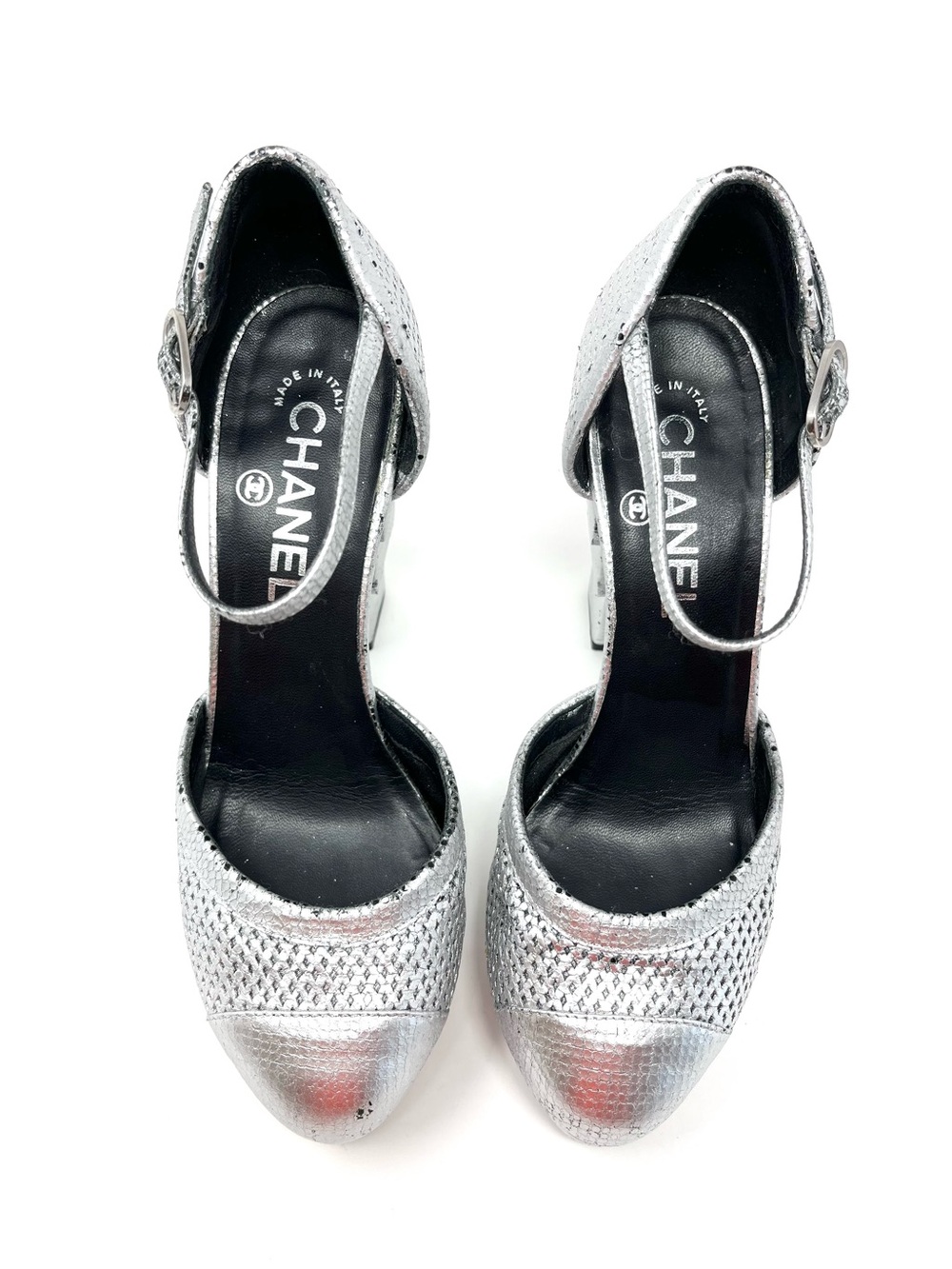 Vintage Chanel Silver Leather CC Logo Cap Toe Platform High Heels Pumps 36.5 - Picture 8 of 15